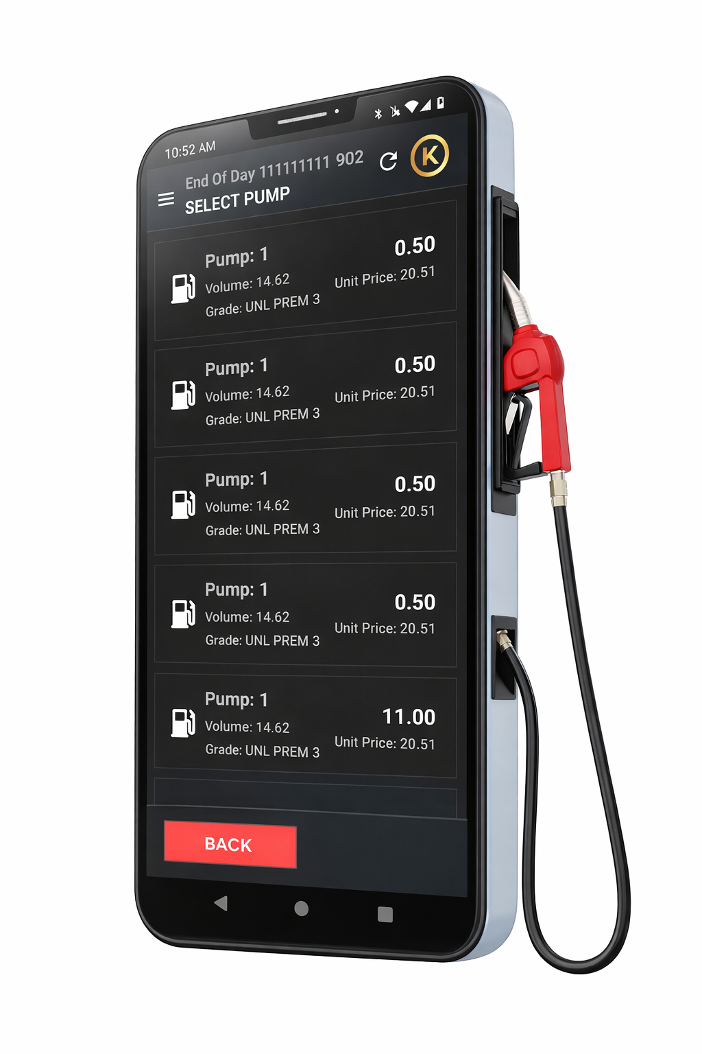 Pay@Pump fuel payment app showing pump selection screen